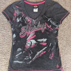 Women's Size Small Harley-Davidson Pink and Black V-Neck Tee With Bling Letters